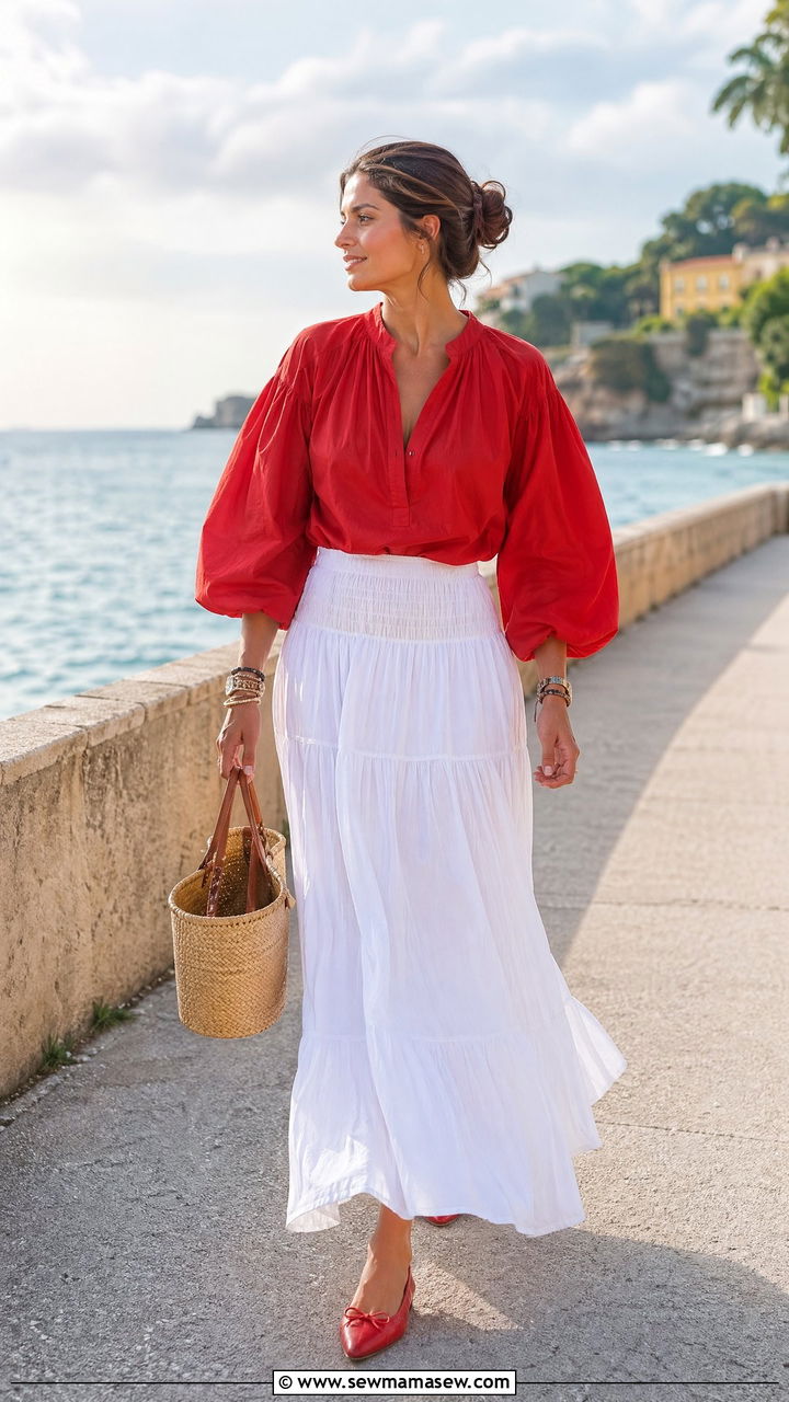 Maxi Skirt Bracelet Sleeve Blouse Outfit - 35 South of France outfit ideas