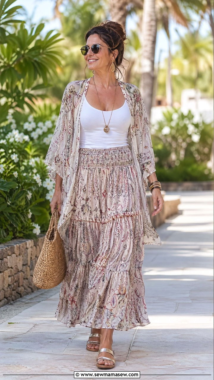 Maxi Skirt With A Fitted Tank And Kimono Jacket Cruise Outfit - 35 cruise outfits for women over 40