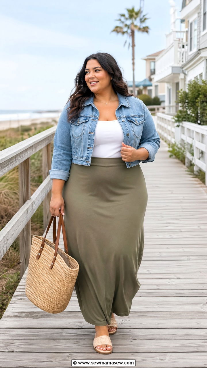 Maxi Skirt With Cropped Denim Jacket Outfit - 35 Spring capsule wardrobe plus size