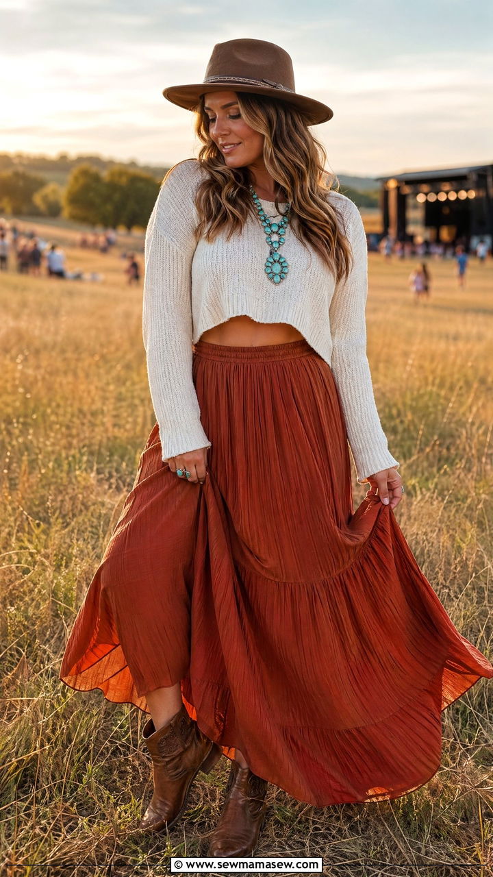 Maxi Skirt With Cropped Sweater and Ankle Boots - 35 concert outfit ideas for women