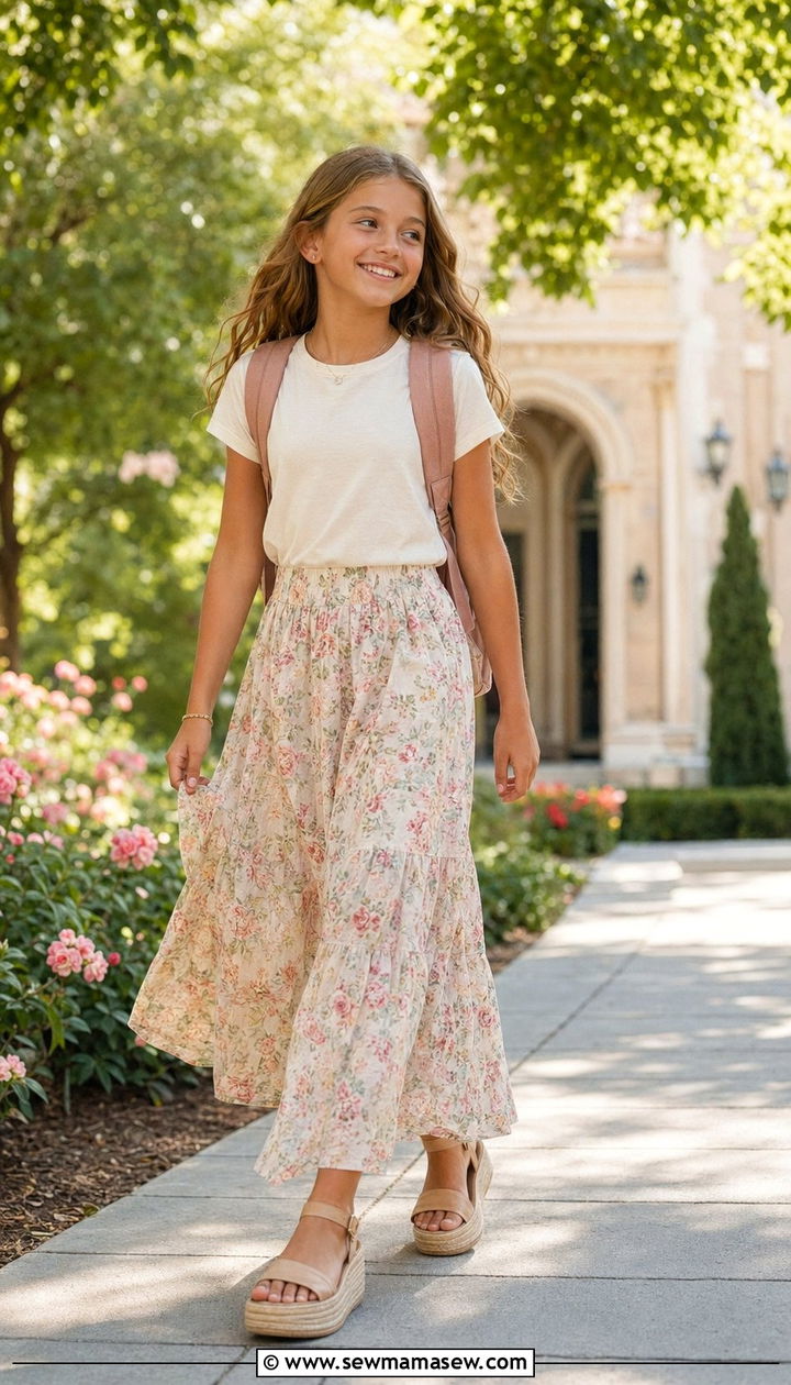 Maxi Skirt With Tucked In Tee and Platform Sandals - 30 Back to school outfit ideas middle school 2026