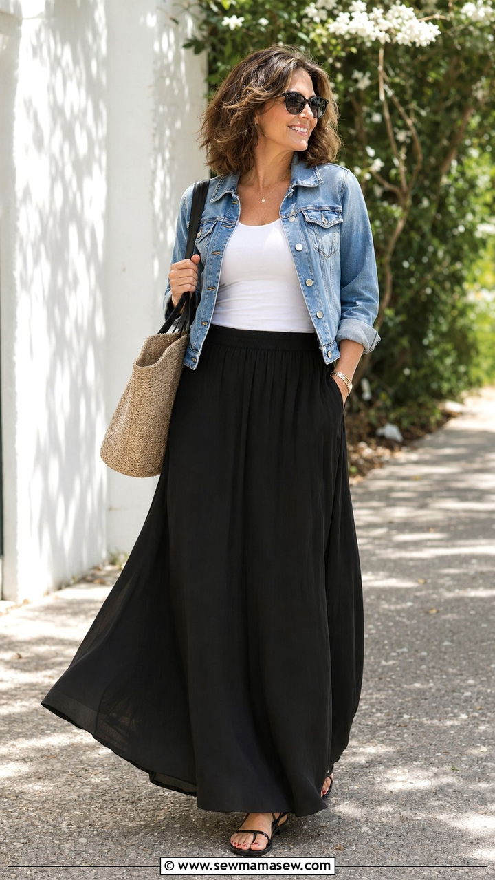 Maxi Skirt With a Fitted Tank and Denim Jacket - 30 Best skirts for women over 40