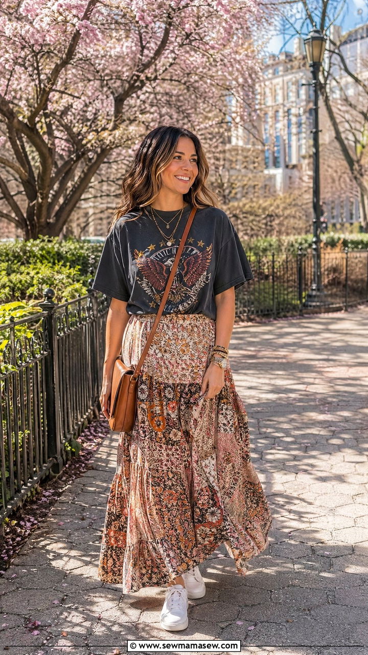 Maxi Skirt With a Graphic Tee - 35 Spring outfits for busy moms