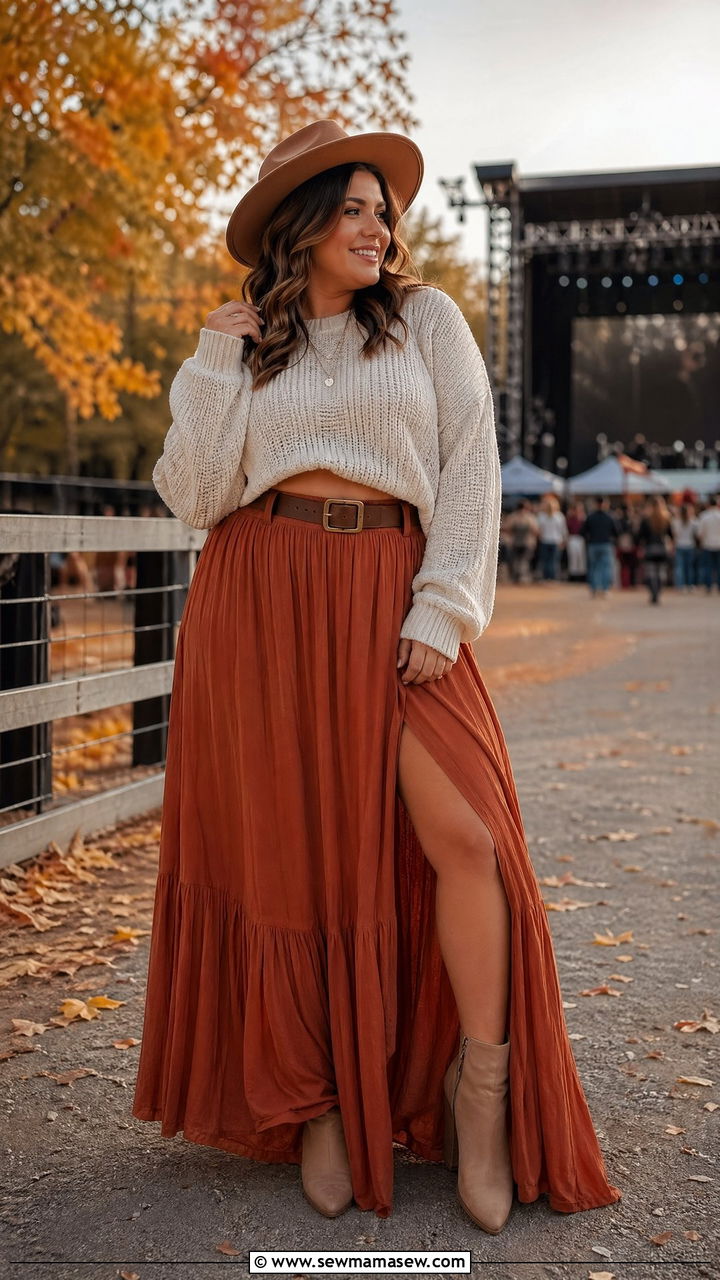 Maxi Skirt and Cropped Sweater for Fall - 35 Concert outfits for midsize women