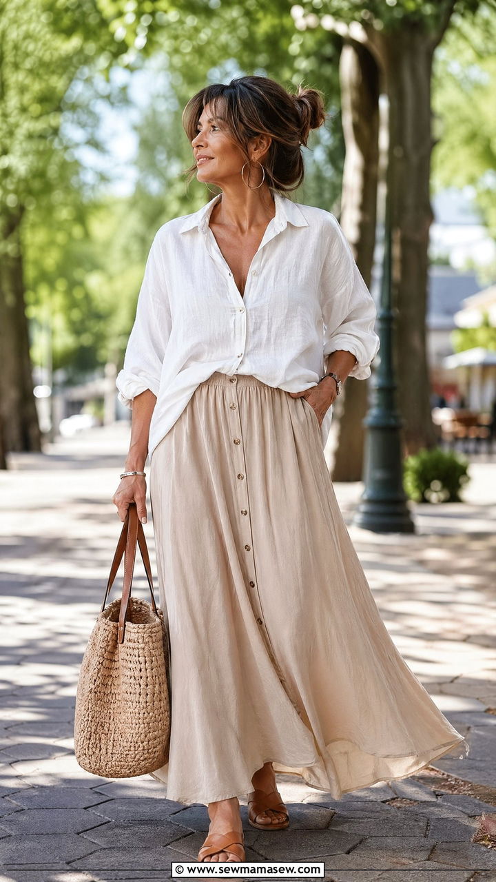 Maxi Skirt with Button Down Weekend Outfit - 35 Weekend outfit ideas for women over 40