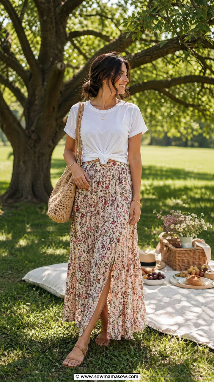 Maxi Skirt with Knotted Tee - 35 Spring picnic outfit ideas