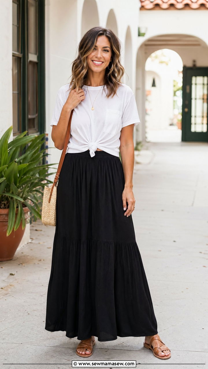 Maxi Skirt with Knotted Tee and Sandals - 35 teacher outfit ideas for women
