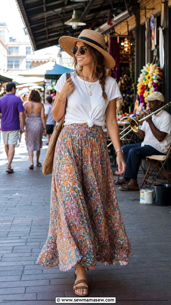 Maxi Skirt with Knotted Tee - 35 New Orleans outfit ideas