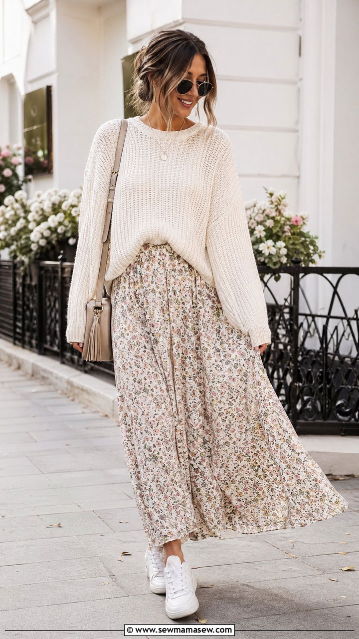 Maxi Skirt with Oversized Sweater and Sneakers Outfit - 35 transitional chic outfit ideas