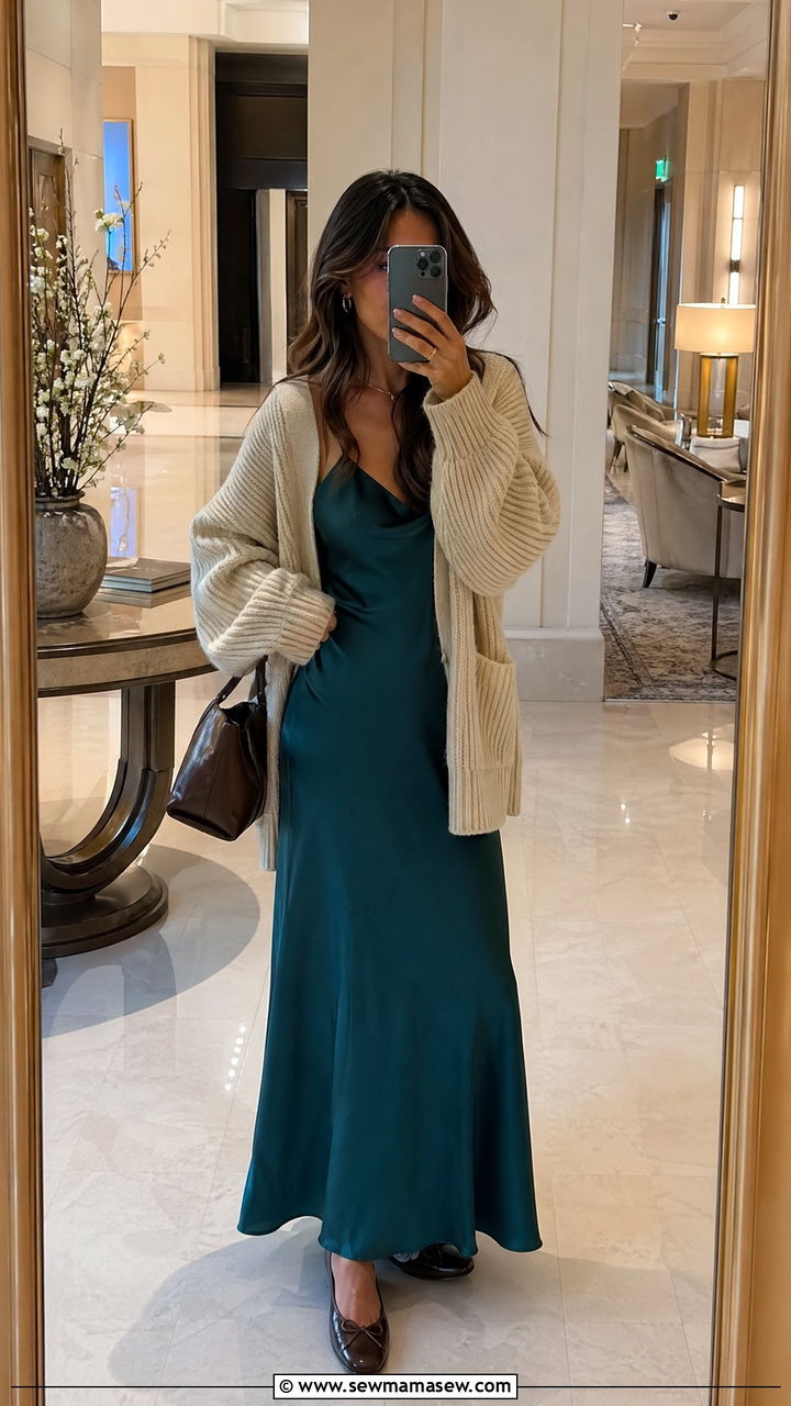 Maxi Slip Dress With Oversized Cardigan - 35 Spring travel outfit ideas 2026