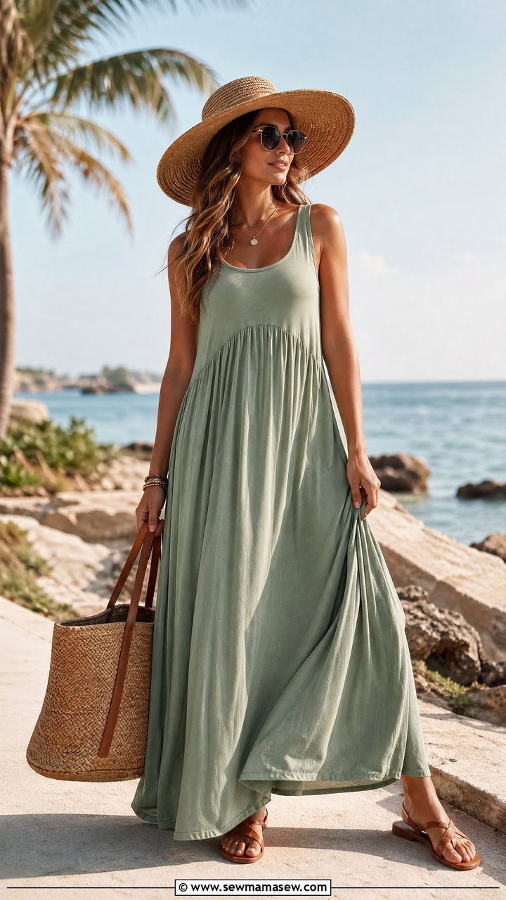 Maxi Tank Dress With Straw Hat And Sandals Outfit - 35 cute tank dress outfits