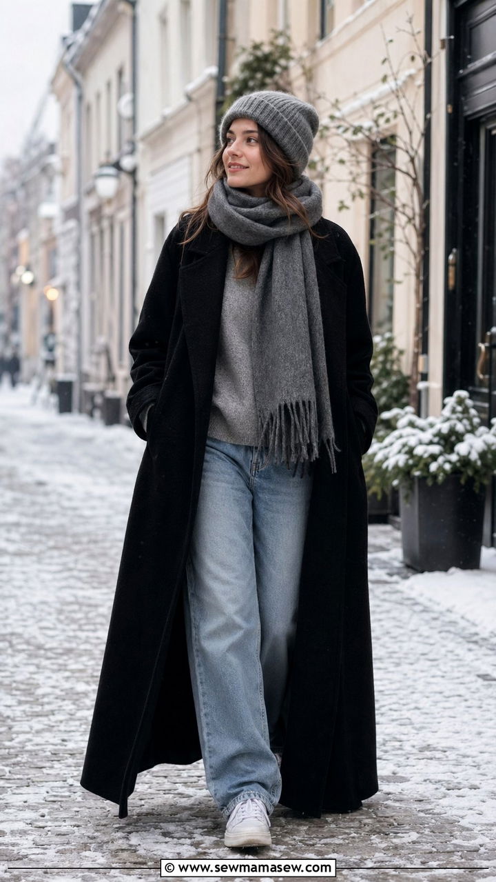 Maxi Wool Coat Over Jeans and Sweater Outfit - 35 scandinavian outfits for women