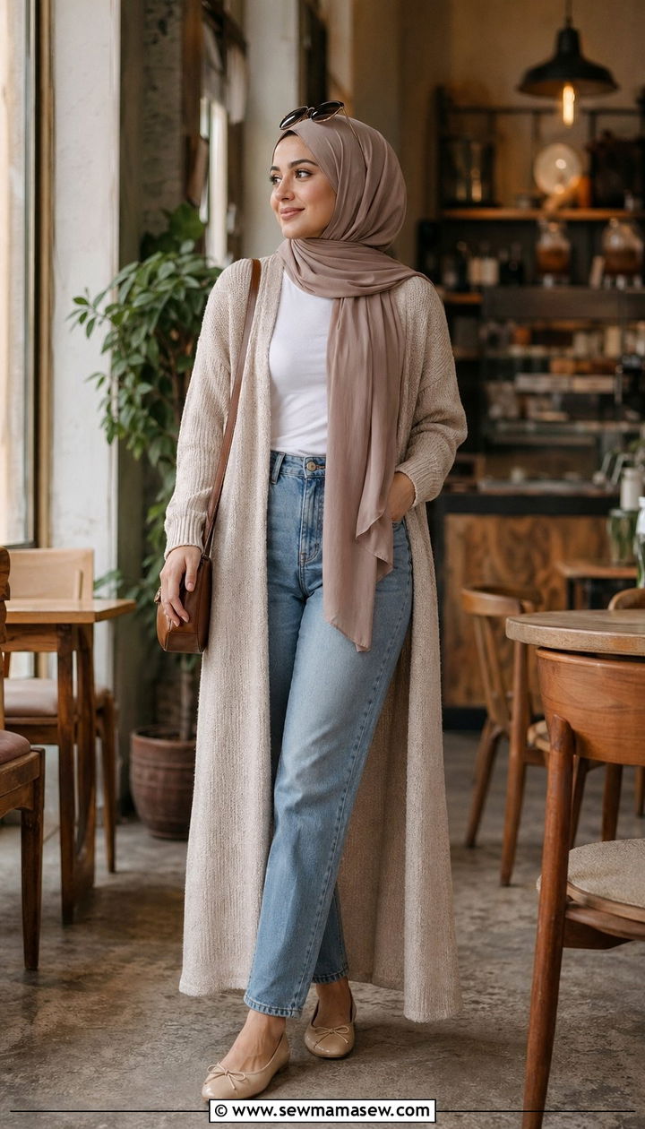 Maxi cardigan and jeans hijab outfit - 35 Modest outfit ideas with hijab