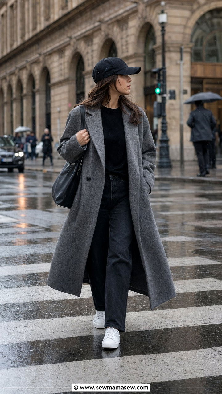 Maxi coat with straight jeans and cap - 35 rainy day outfits for women