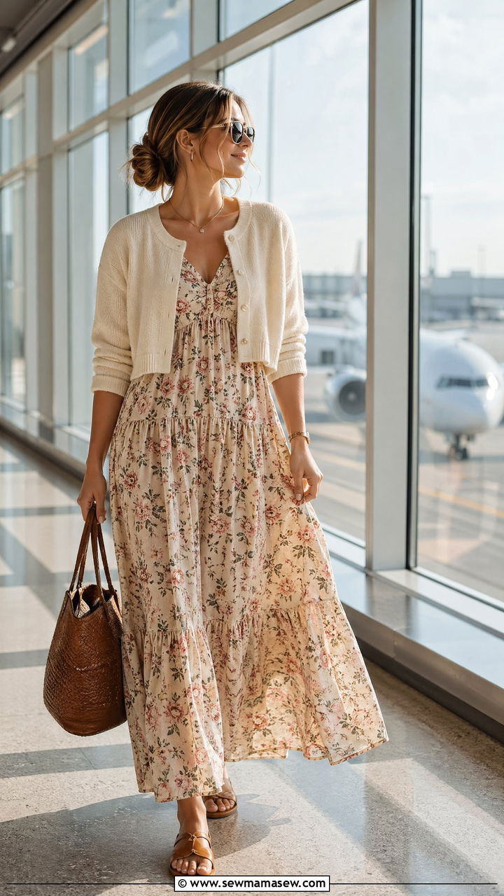 Maxi dress and cropped cardigan airport outfit - 35 chic airport outfits for women