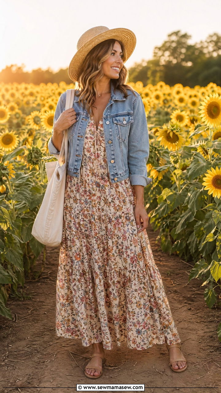 Maxi dress and denim jacket outfit - 35 Comfy outfits for moms