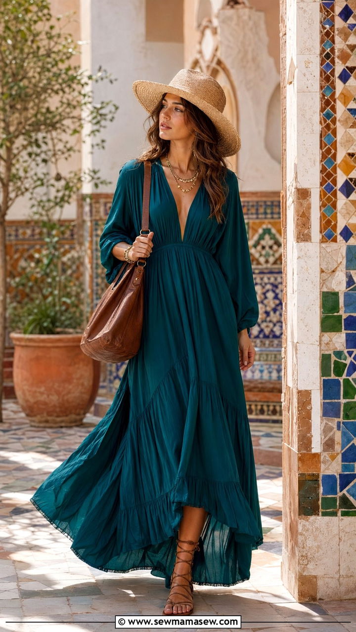 Maxi dress and flat gladiator sandals outfit Barcelona - 30 Barcelona vacation outfit ideas