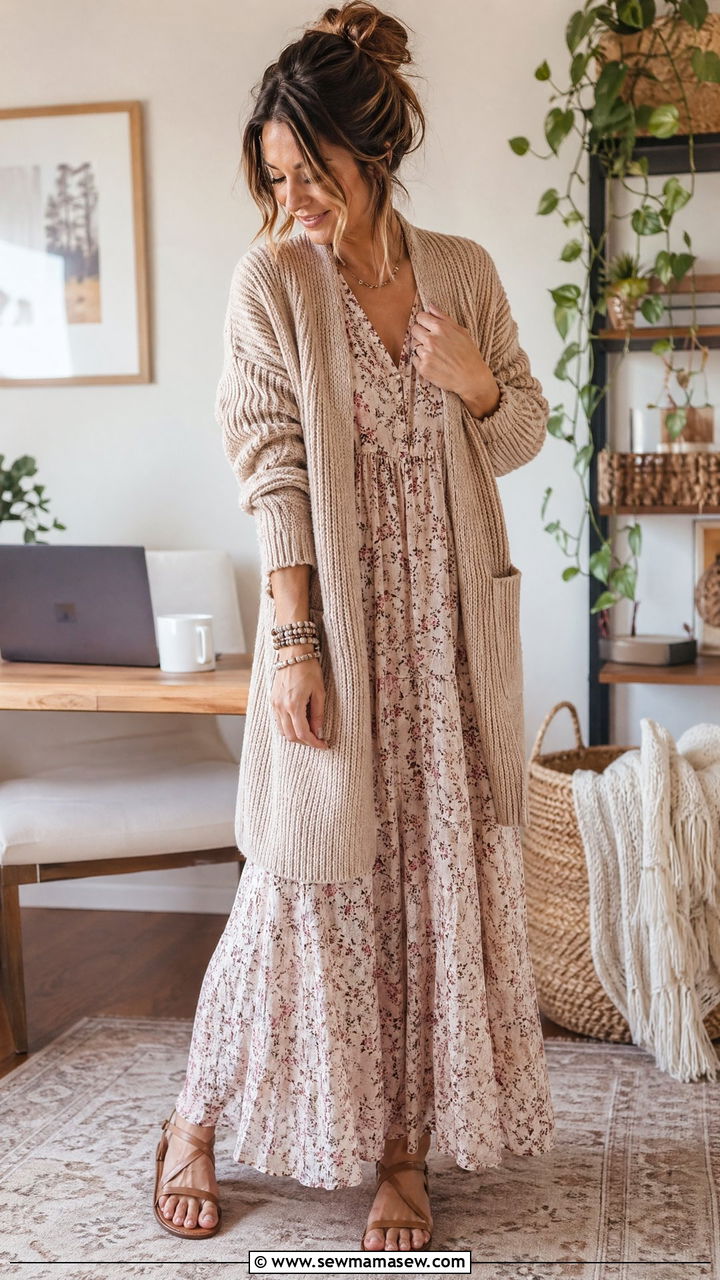 Maxi dress and slouchy cardigan outfit - 35 Work from home outfits for moms