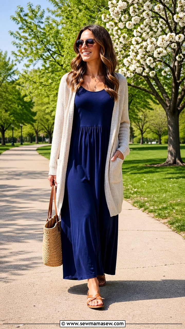 Maxi dress with an open front cardigan and flat sandals - 30 spring everyday outfits for women