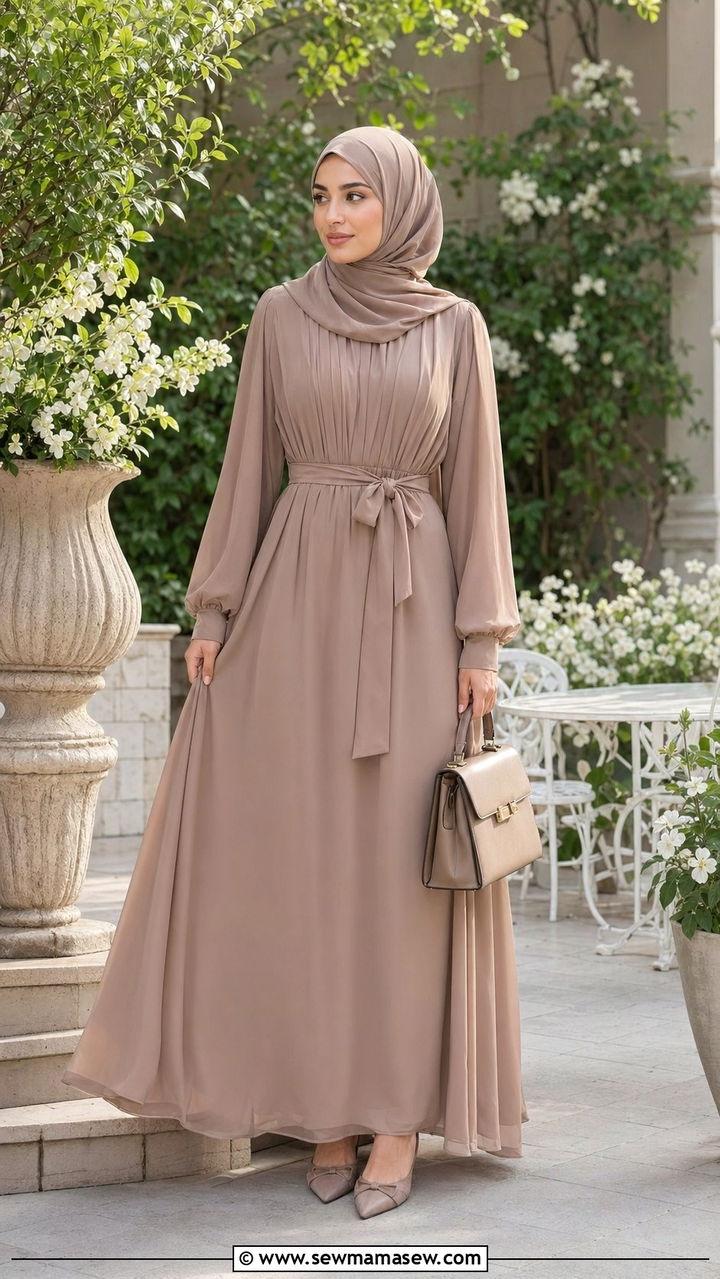Maxi dress with belted waist and hijab - 35 Modest outfit ideas for Muslim women