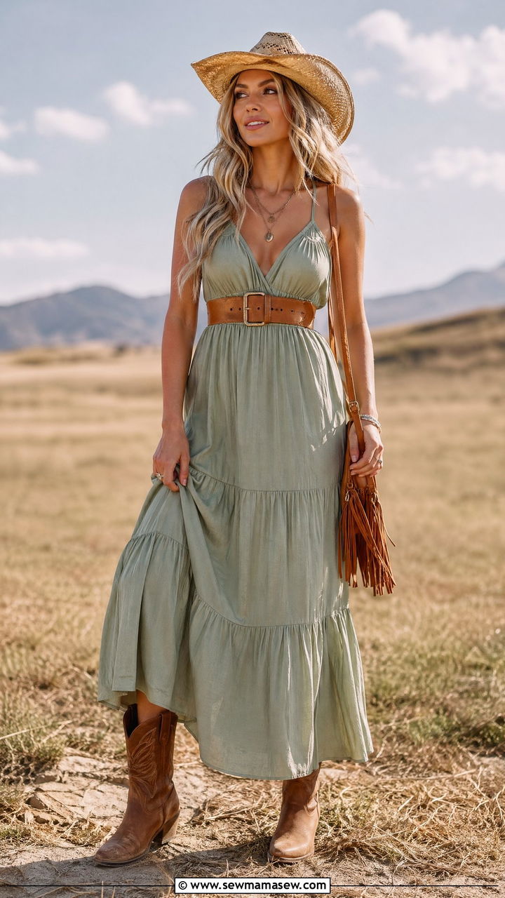 Maxi dress with cowboy hat - 35 Country concert outfits