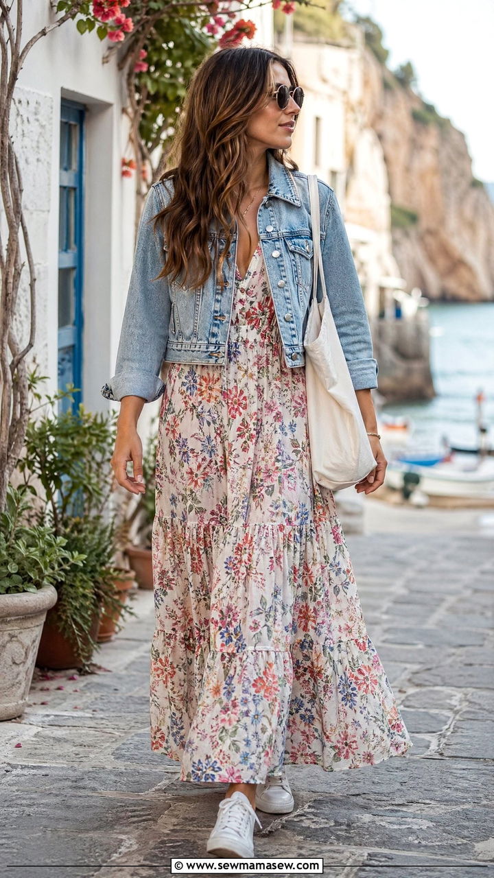 Maxi dress with denim jacket - 35 summer travel outfit ideas