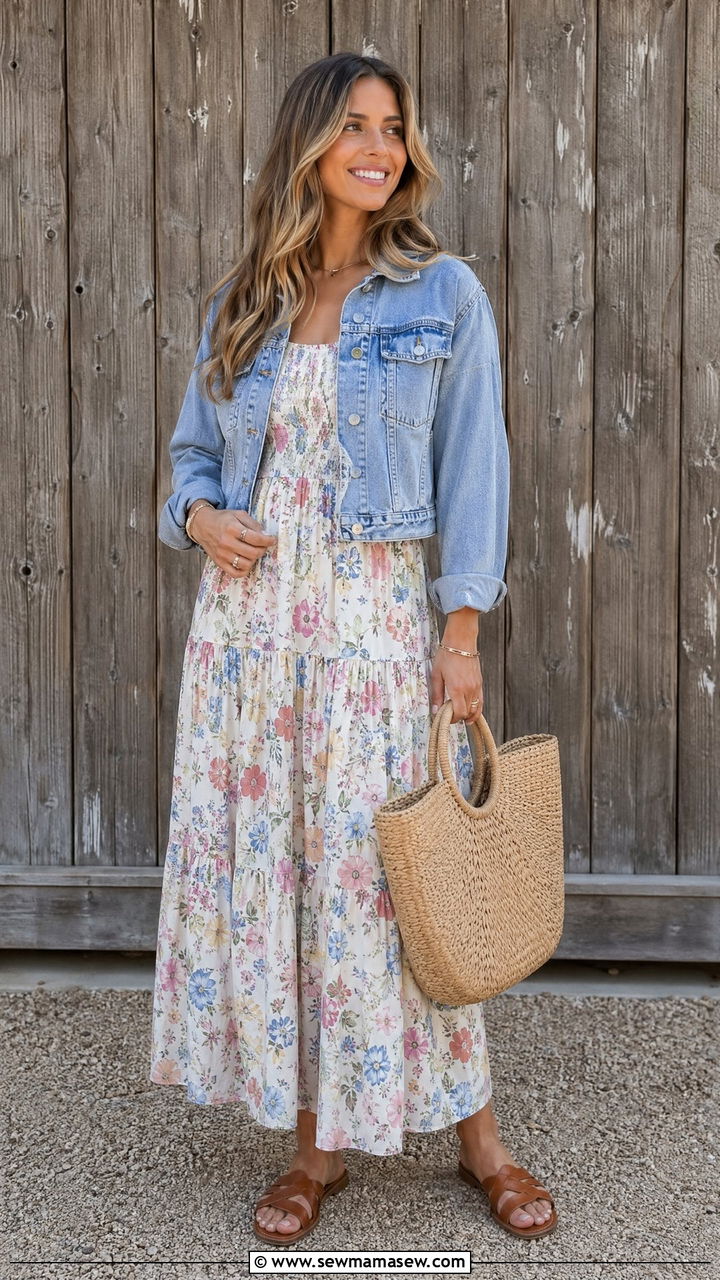 Maxi dress with denim jacket and sandals - 35 Casual wedding guest outfit ideas