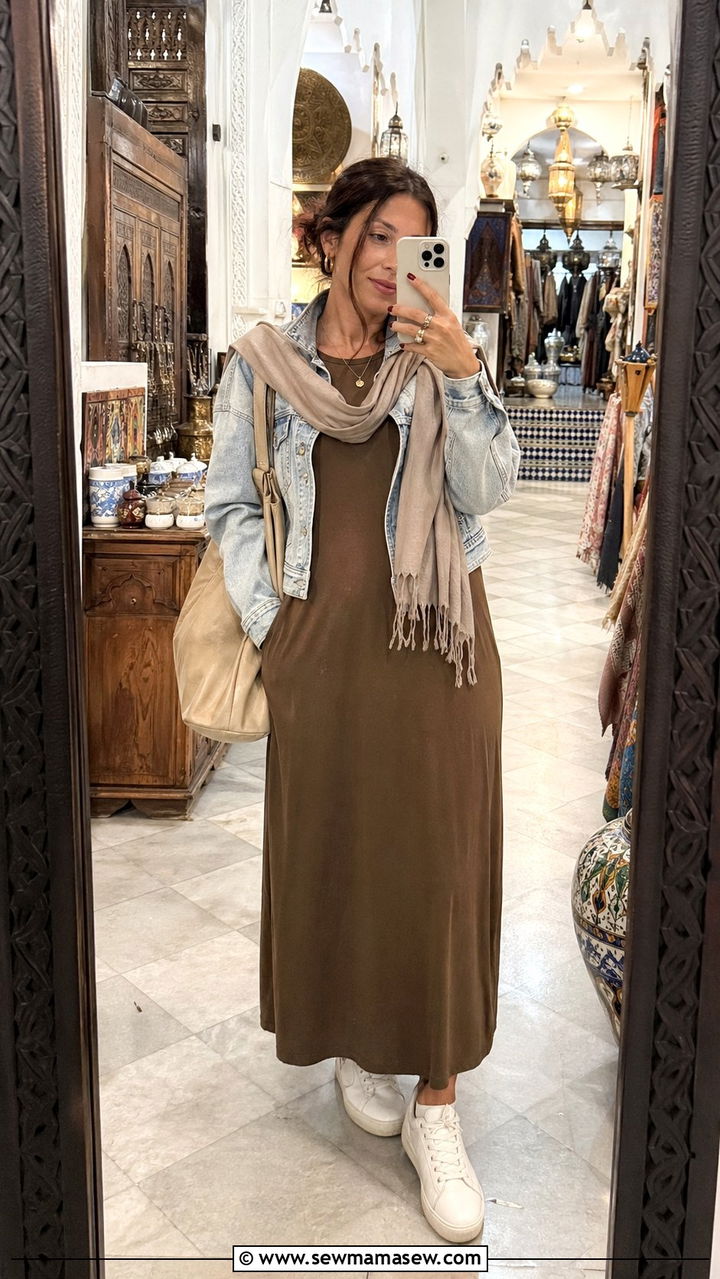 Maxi dress with denim jacket and sneakers - 35 Morocco vacation outfit ideas