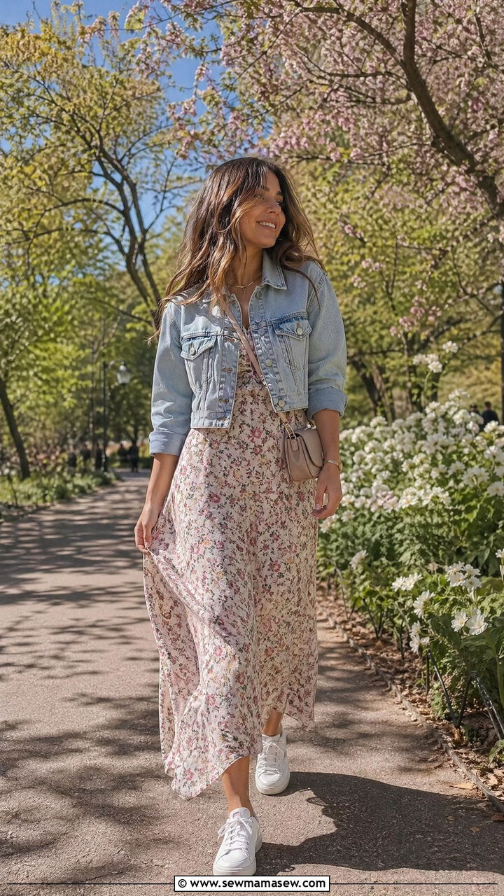 Maxi dress with denim jacket and sneakers - 35 Spring to summer transition outfits