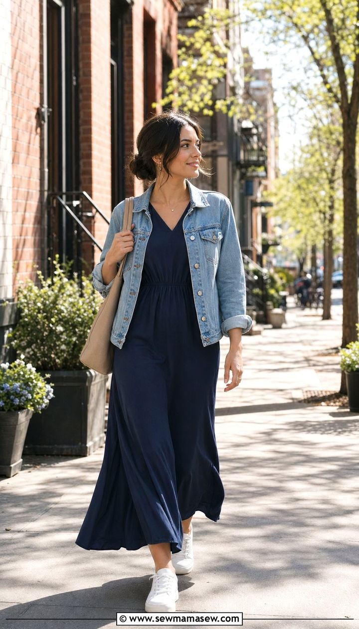 Maxi dress with denim jacket and white sneakers outfit - 35 Modest work outfit ideas