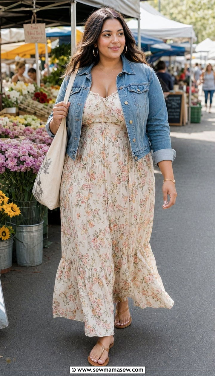 Maxi dress with denim jacket outfit - 35 Outfit ideas for curvy women