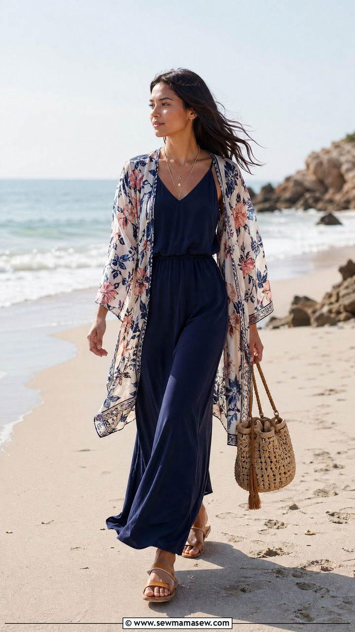 Maxi dress with kimono and flat sandals - 35 spring outfits for new moms