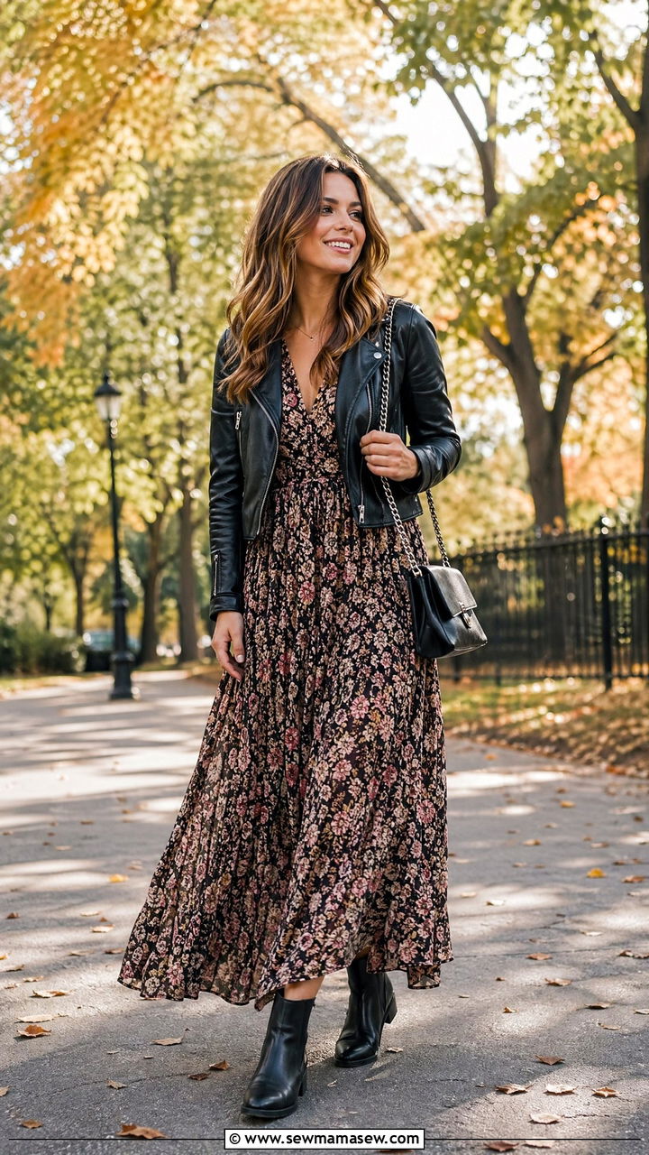 Maxi dress with leather jacket and ankle boots - 35 transitional outfits for women