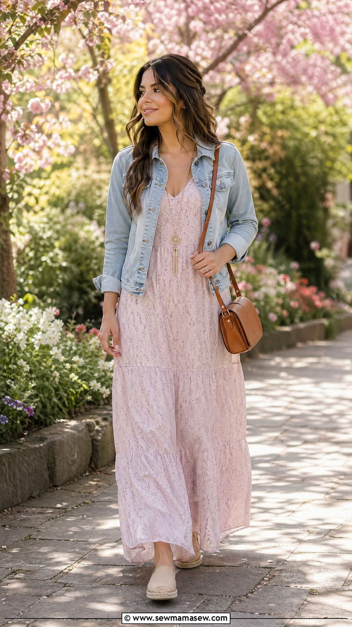 Maxi dress with light denim jacket outfit - 35 spring comfy outfit ideas
