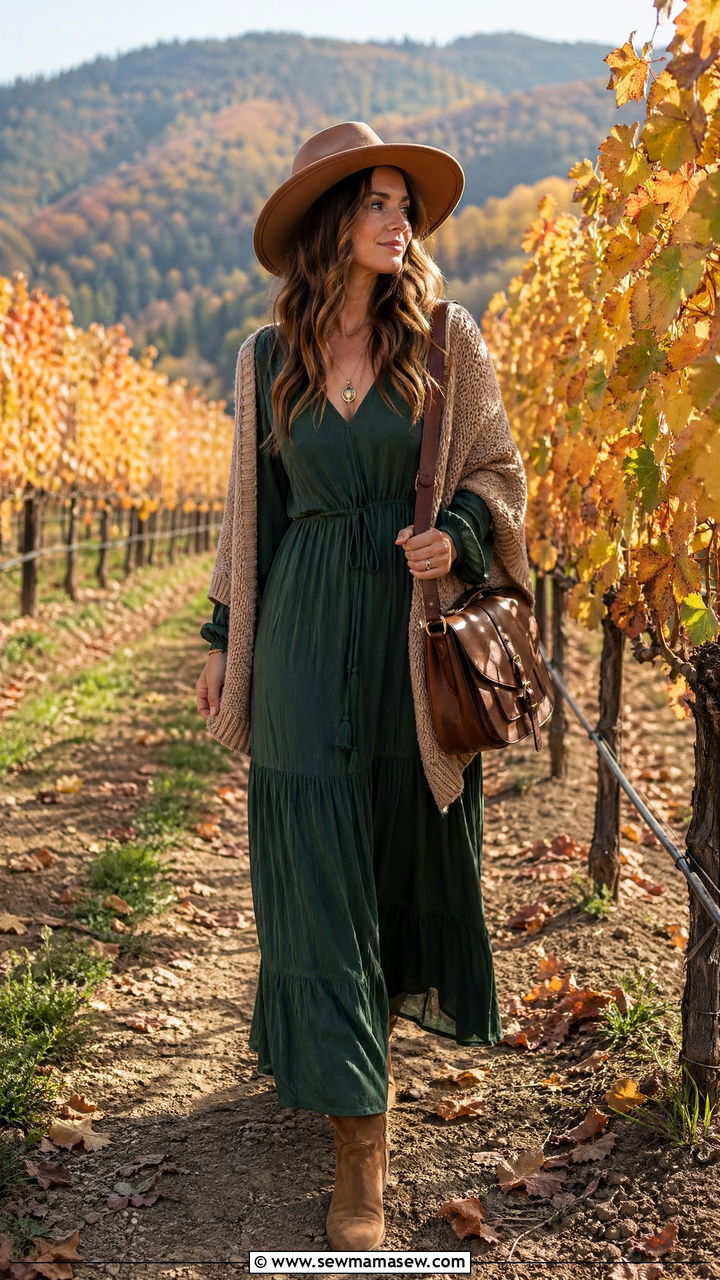 Maxi dress with suede ankle boots - 35 transitional boho outfit ideas