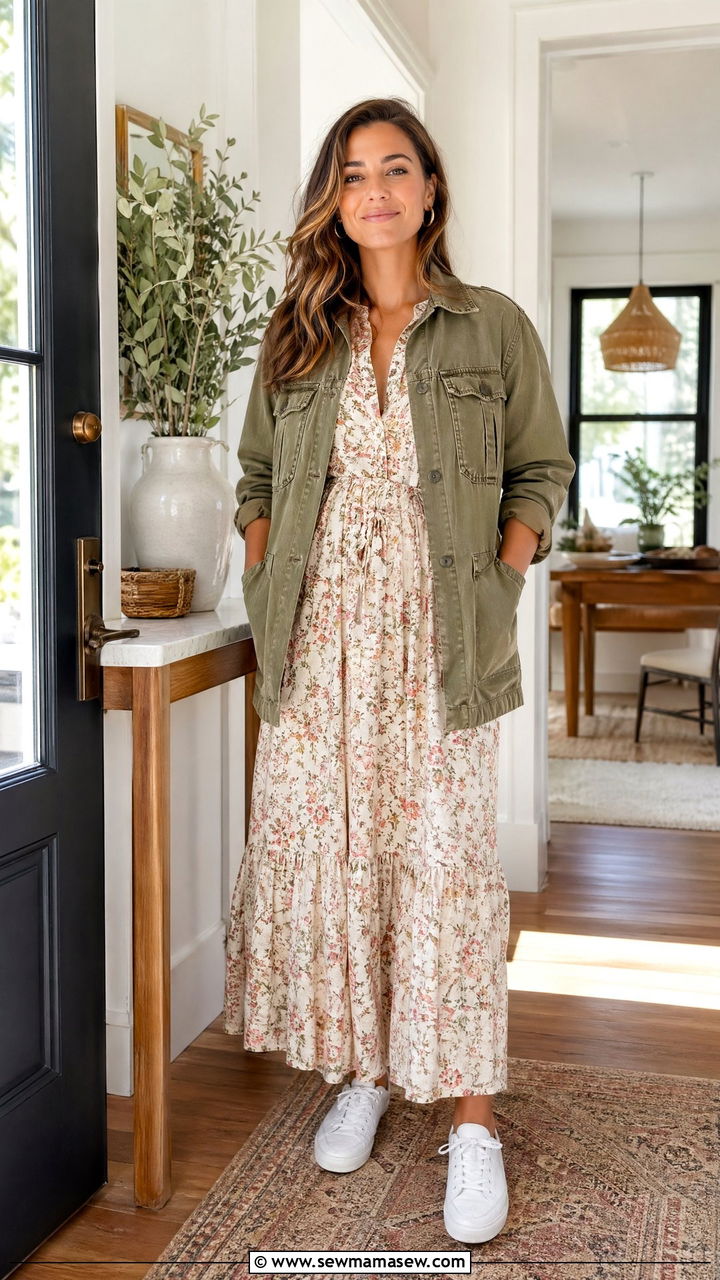 Maxi dress with utility jacket outfit - 35 spring work from home outfit ideas