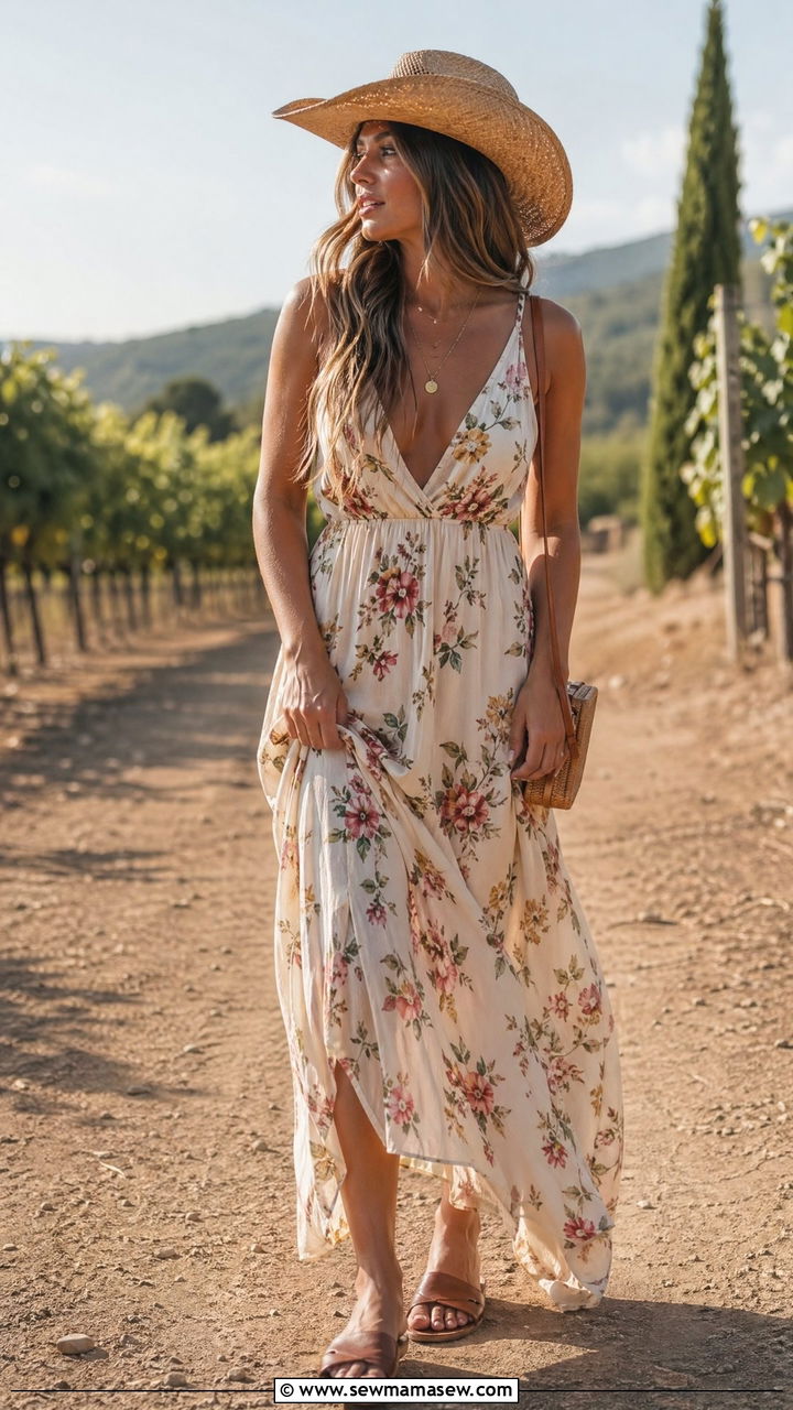 Maxi dress with wide brim cowboy hat - 35 Country outfit ideas