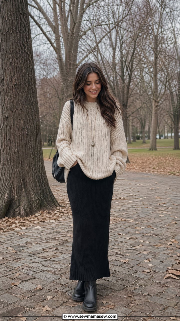 Maxi skirt with a chunky knit pullover - 35 casual school outfits