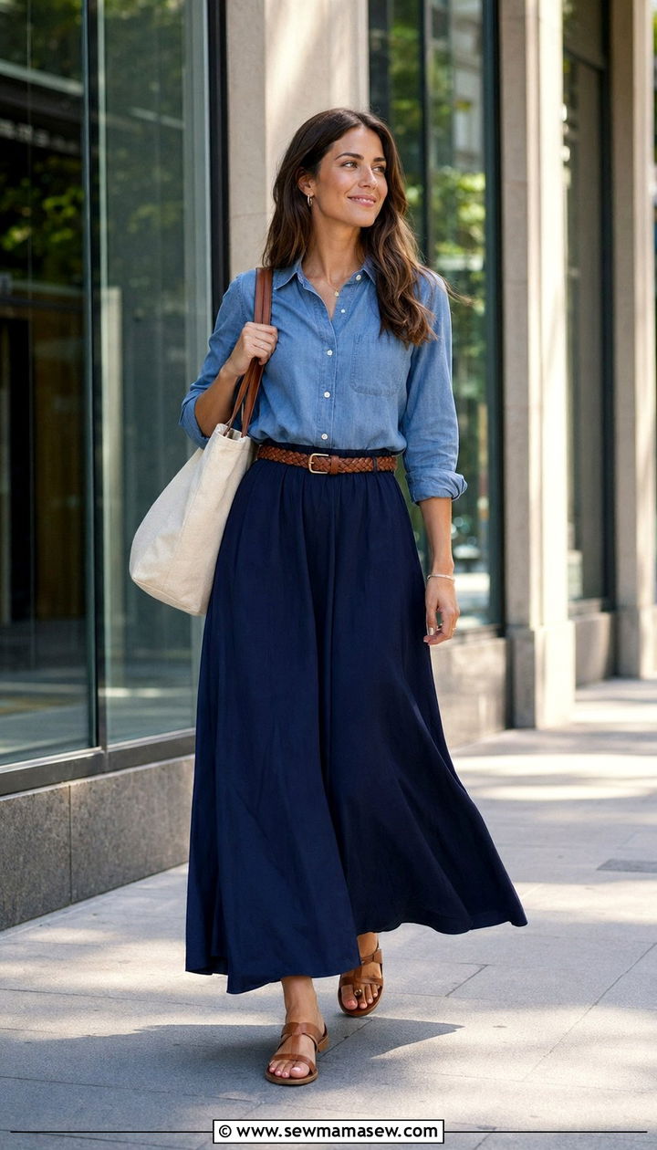 Maxi skirt with chambray shirt and flat sandals - 35 Modest outfit ideas for office