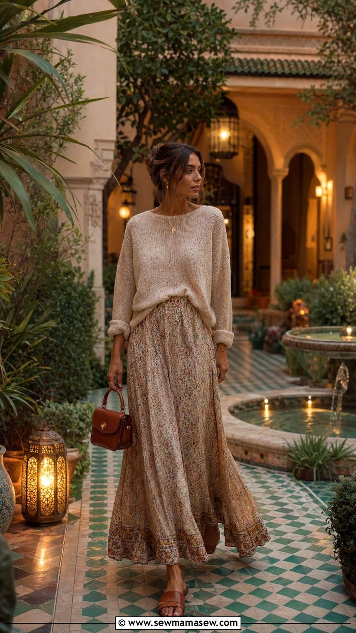 Maxi skirt with lightweight knit sweater - 35 Morocco vacation outfit ideas