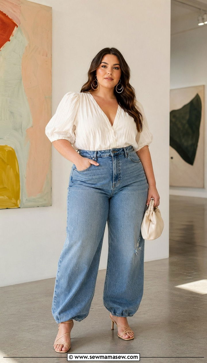 Medium wash balloon leg jeans with a puff sleeve blouse and barely there heeled sandals - 30 Best jeans for plus size