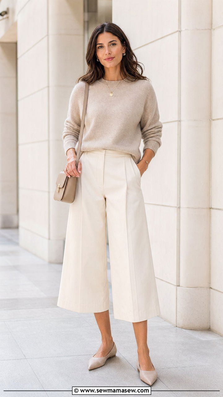 Merino Crewneck and Tailored Culottes Outfit - 35 mom outfit ideas