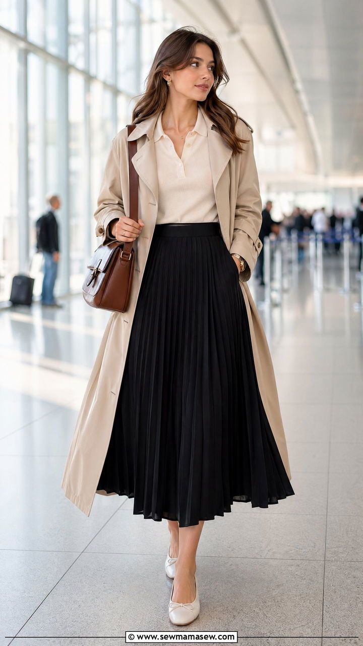 Merino Wool Polo and Pleated Midi Skirt - 40 Airport outfit ideas