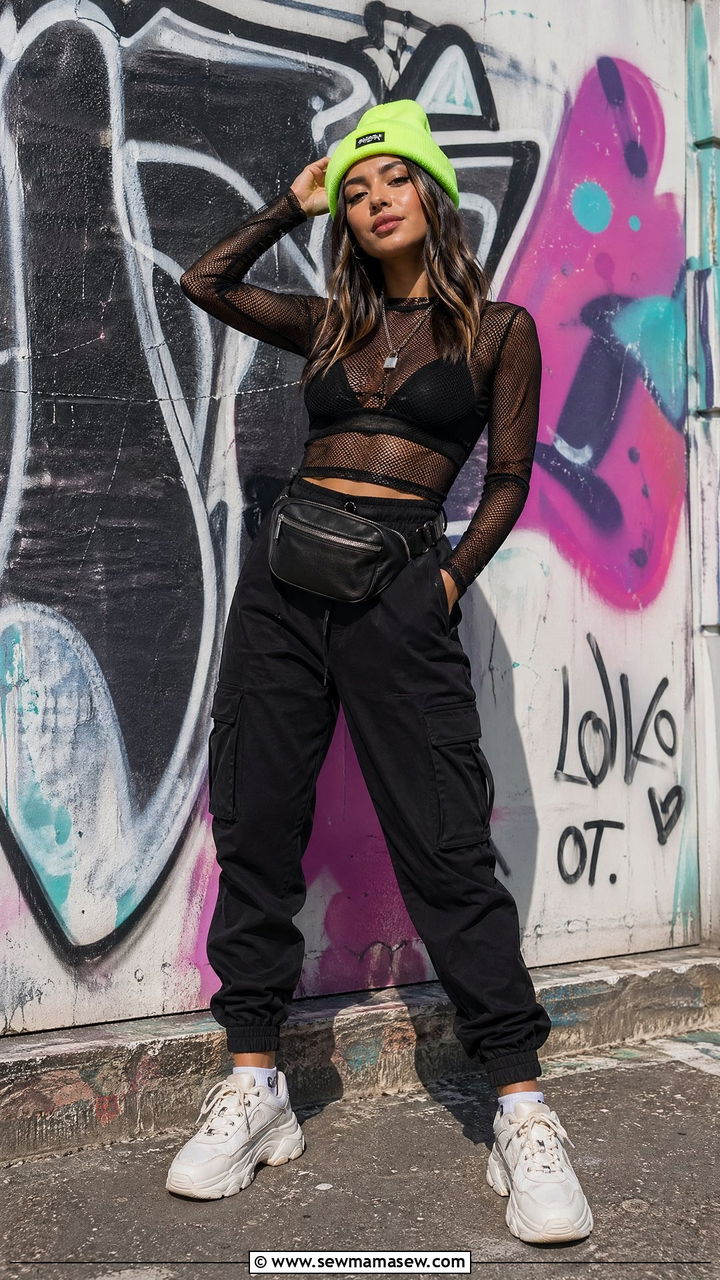Mesh Bodysuit With High Rise Cargo Joggers And Dad Sneakers - 35 Concert outfits for petite women
