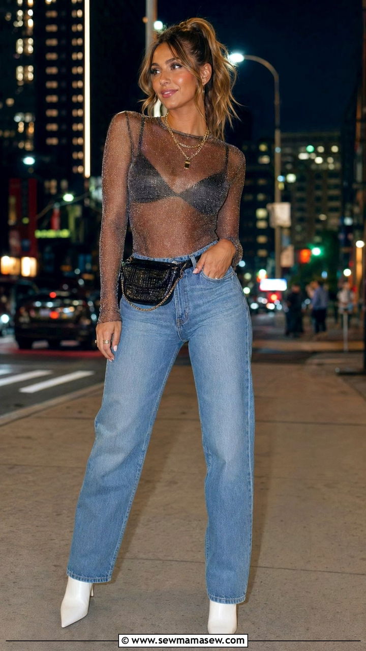 Mesh Bodysuit With High Waisted Jeans Bachelorette Look - 30 Bachelorette trip outfit ideas