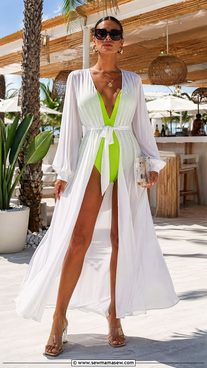 Mesh Cover Up Dress With Neon Bikini - 40 vacation outfit ideas for women