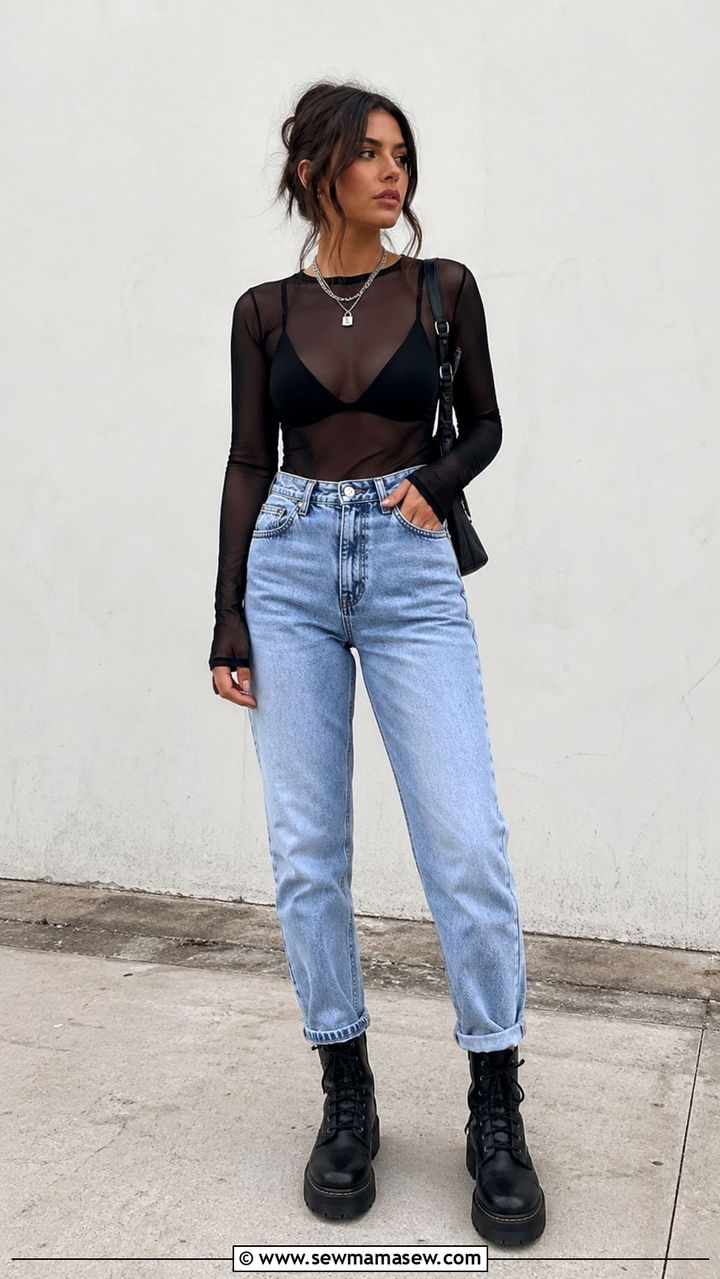 Mesh Long Sleeve Top And High Waisted Mom Jeans - 30 spring grunge outfit ideas
