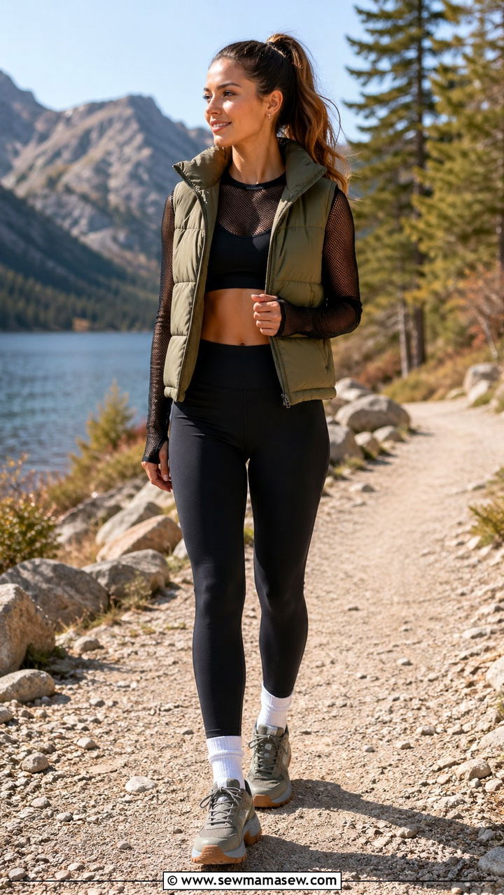Mesh Long Sleeve Top Layered Under Sleeveless Puffer Vest With Leggings - 30 sporty chic capsule wardrobe outfits