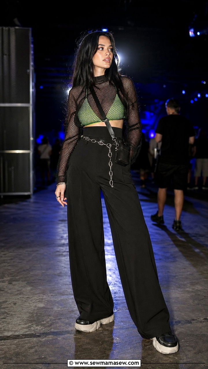 Mesh Long Sleeve Top With Bralette and Wide Leg Pants Outfit - 35 music festival outfit ideas for women