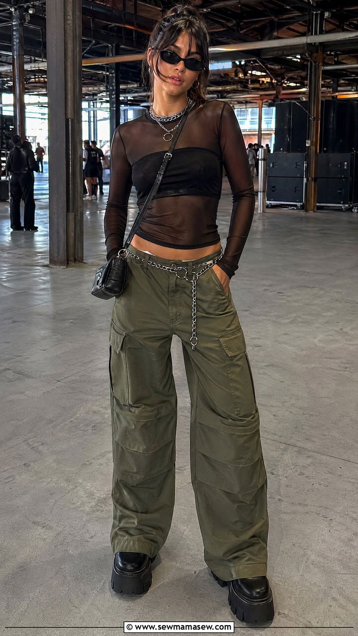 Mesh Top And Cargo Pants Summer Concert Outfit - 35 summer concert outfit ideas for women